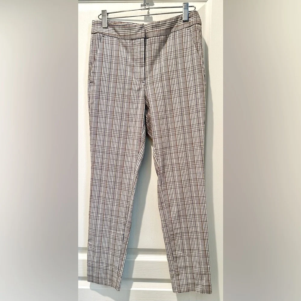 Zara Flat Waist Plaid Tapered Trousers in Navy Tan & Gold - Picture 2 of 6